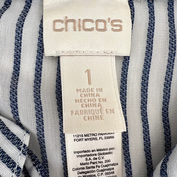 Chicos Striped Button Down Shirt Womens Size 1 Med Blue White Lightweight Sheer - Picture 2 of 8